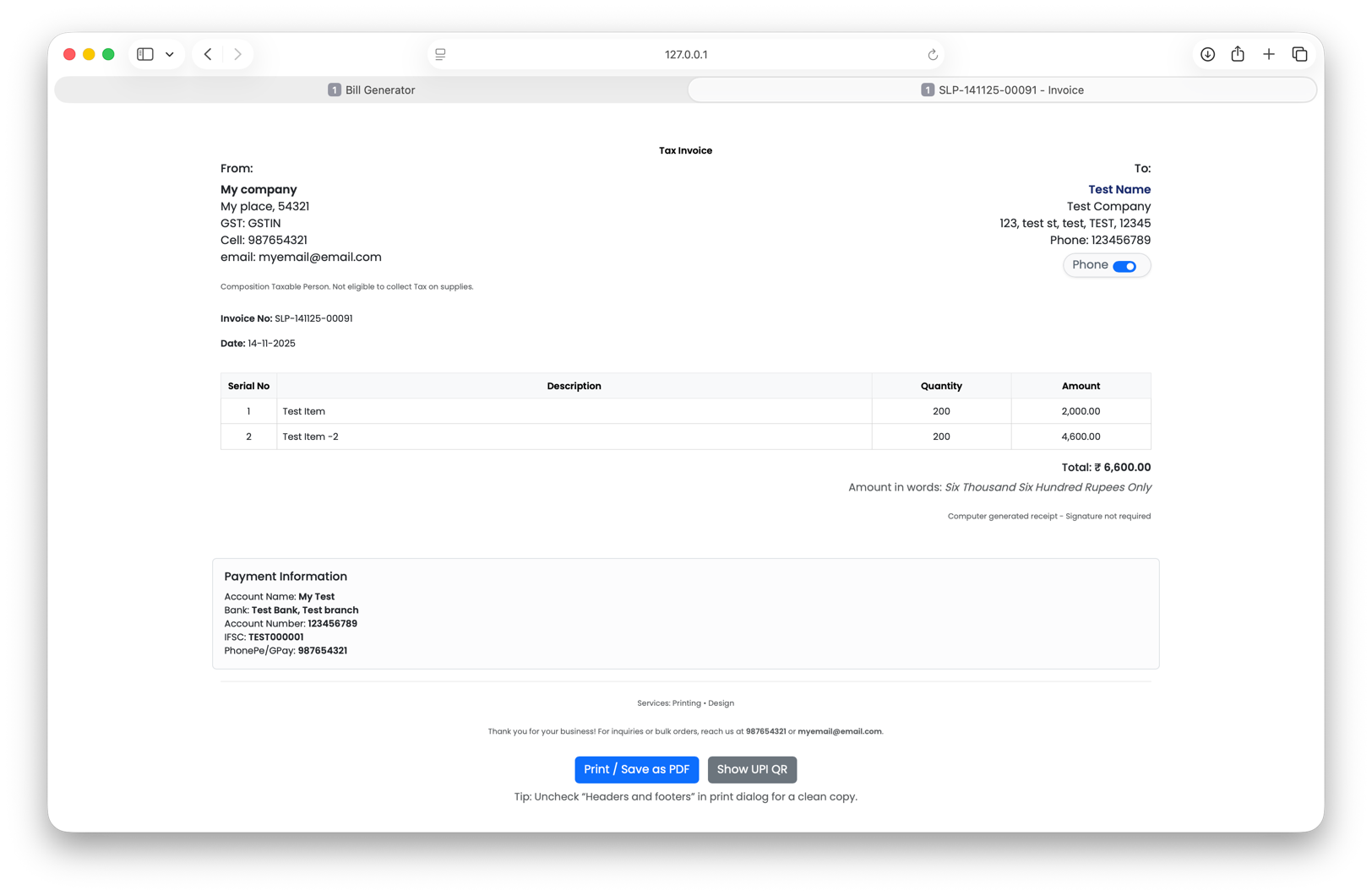 Bill-Generator invoice layout